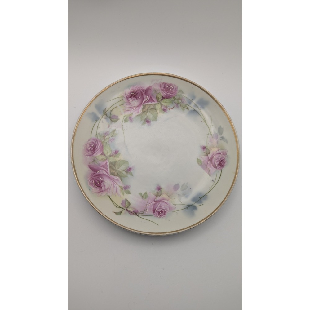 Jonroth Hand Painted Studios Germany Porcelain Rose Plate Signed Vogel Gold Rim